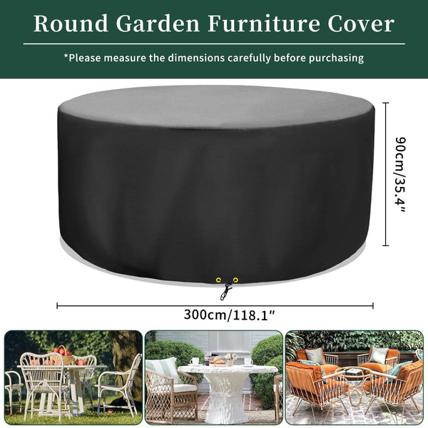 Funshot Round Garden Furniture Covers Waterproof, ?300x90cm Extra Large Garden Table Cover Round 420D Oxford Fabric Outdoor Circular Patio Table Set