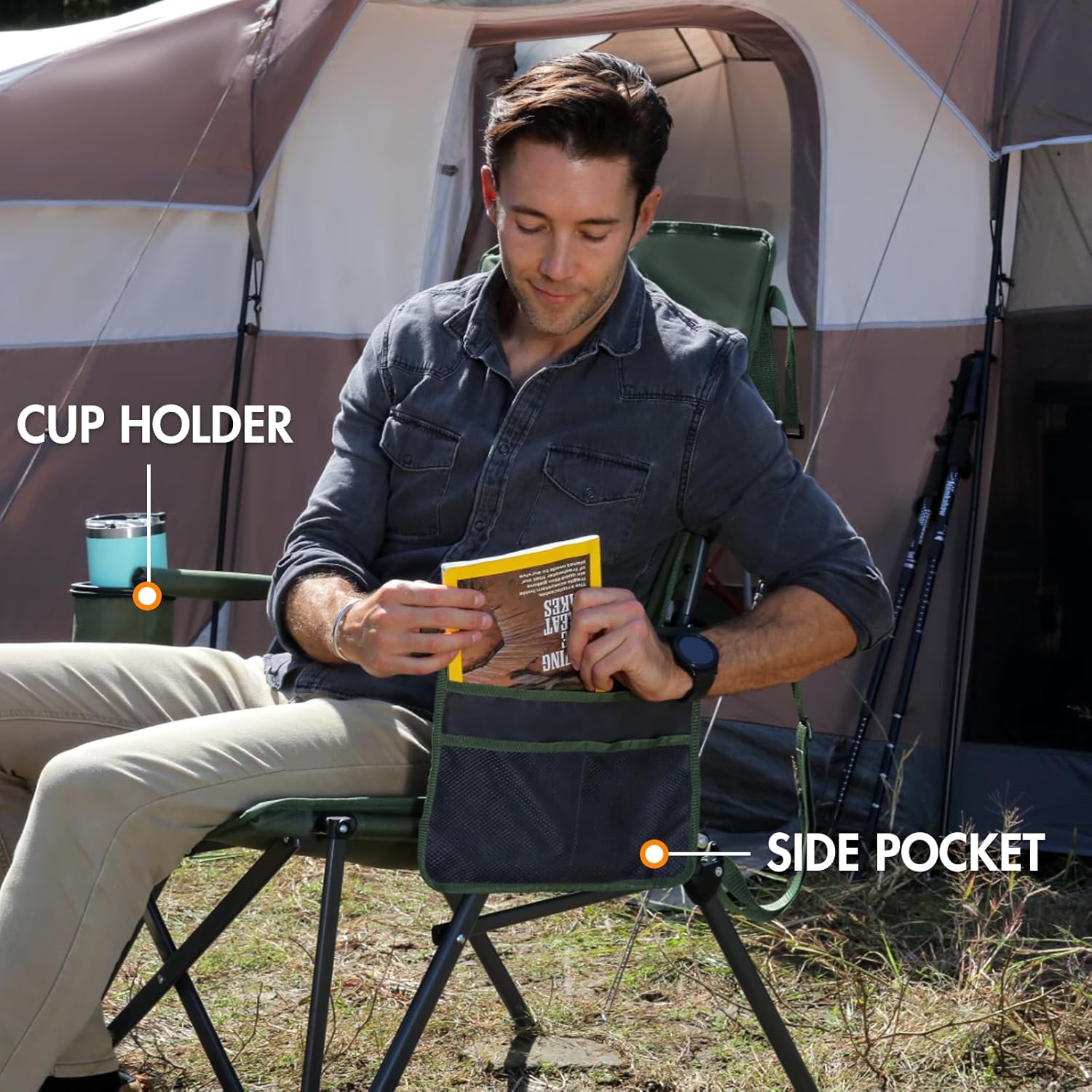 Portal Folding Camping Chair for Adults High Back Heavy Duty 180KG Load Foldable Garden Picnic Festival Collapsible Chair Oversized Hard Armrests Mesh Back Portable for Fishing Beach Patio