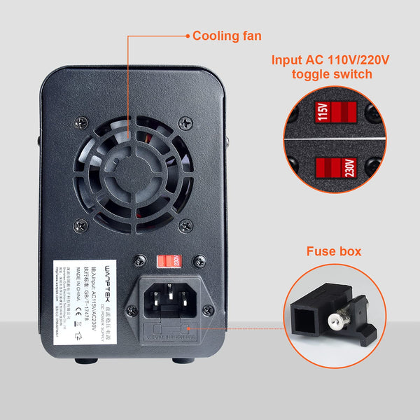 DC power supply (0-30V,0-10A) adjustable, switching power supplies, mini high precision 4-digit display with USB fast charging interface, variable lab bench power supply, output button/encoder knob