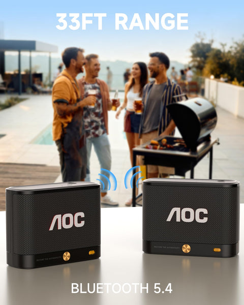 AOC Portable Bluetooth Speaker, BT 5.4, Stereo Sound & BassUp, IP65 Waterproof, 30H Battery, Wireless Pairing, Compact Mini Speaker for Travel & Outdoor – Black