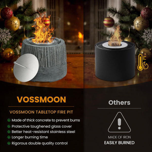 VOSSMOON Tabletop Fire Pit, Bioethanol Table Top Fire Bowl, Portable Round Fireplace indoor or Outdoor, Concrete Table Top Patio Heater Ethanol Burner with Tempered Glass for Potluck or Camping, Black