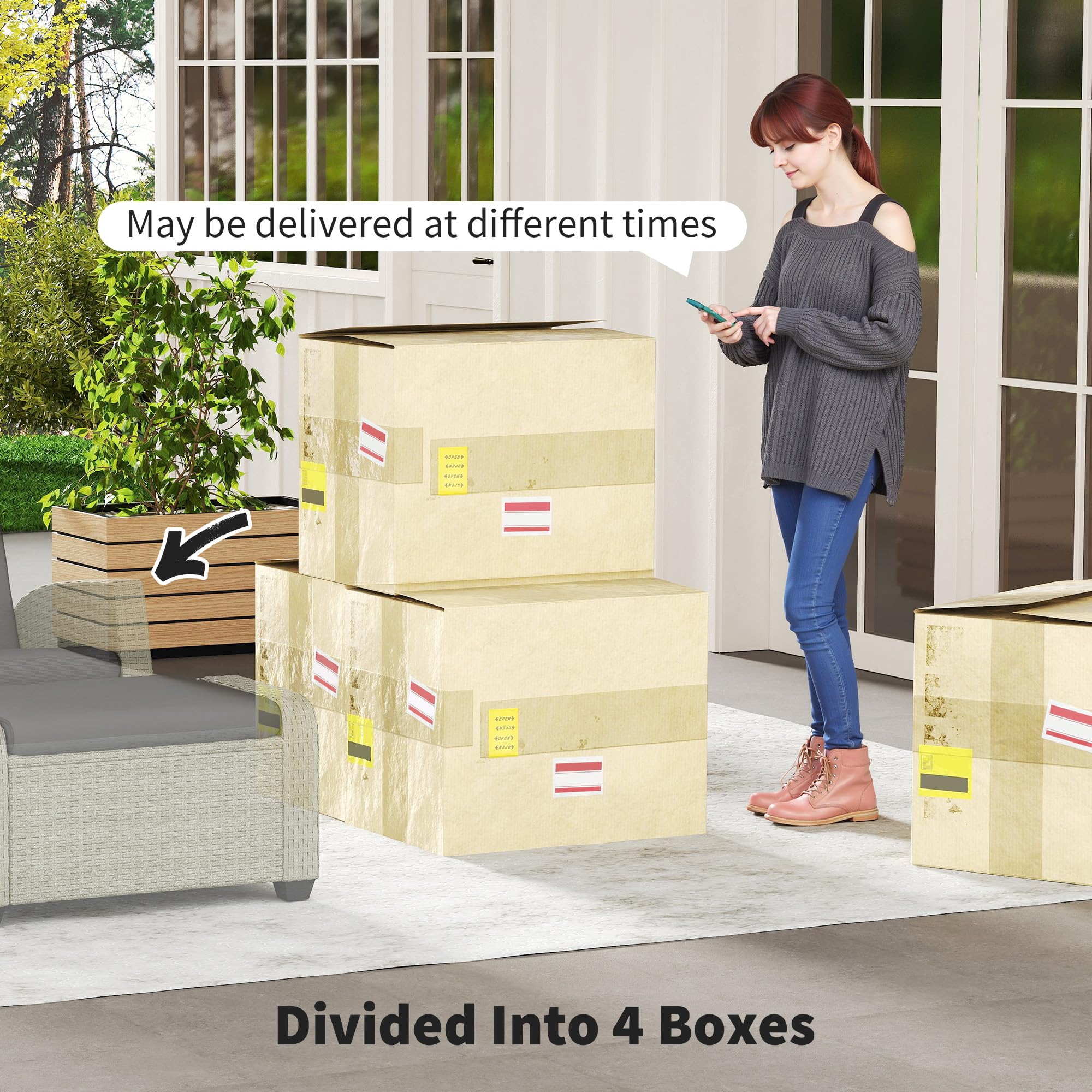 Outsunny 5 Piece Rattan Garden Furniture Set, Garden Reclining Rattan Chairs Set of 2 with Wood-Plastic Composite Table, Footstools and Thick Cushions for Balcony, Patio, Charcoal Grey