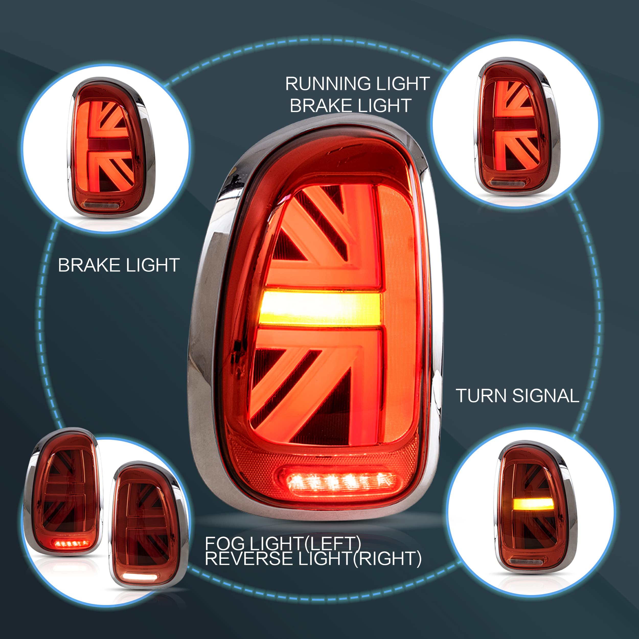 VLAND LED Tail Light Compatible with BMW Mini Cooper F55 F56 F57 2014-2021, Rear Lights with Sequential Turn Signal, Electroplated housing, Red