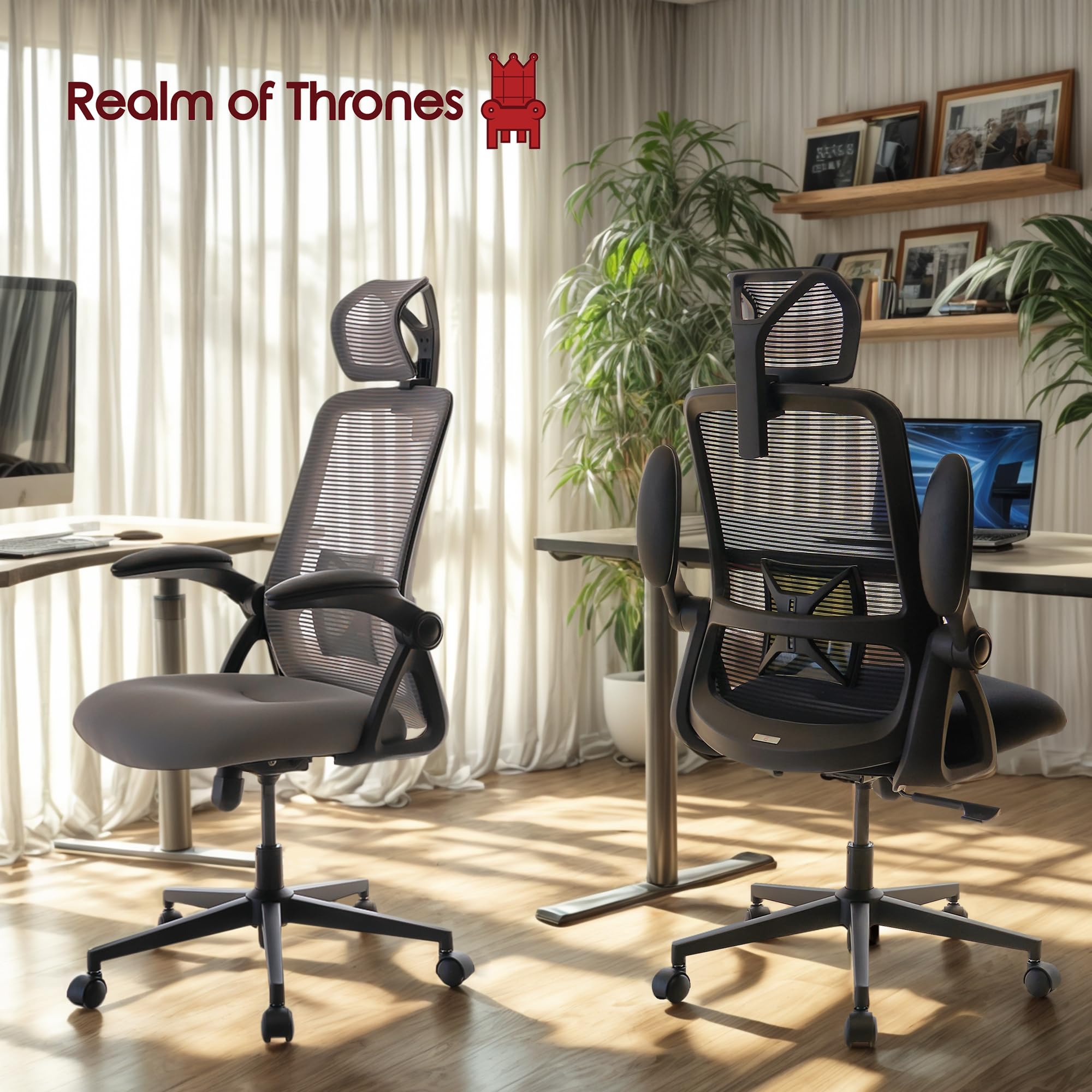 Realm of Thrones CAPTAIN Ergonomic Office Chair for Home, Heavy Duty Steel Base, Versatile Flip-up Armrests, Adjustable Lumbar Support, Mesh Back Comfort Cushion Seat for Computer Desk/Gaming (Black)