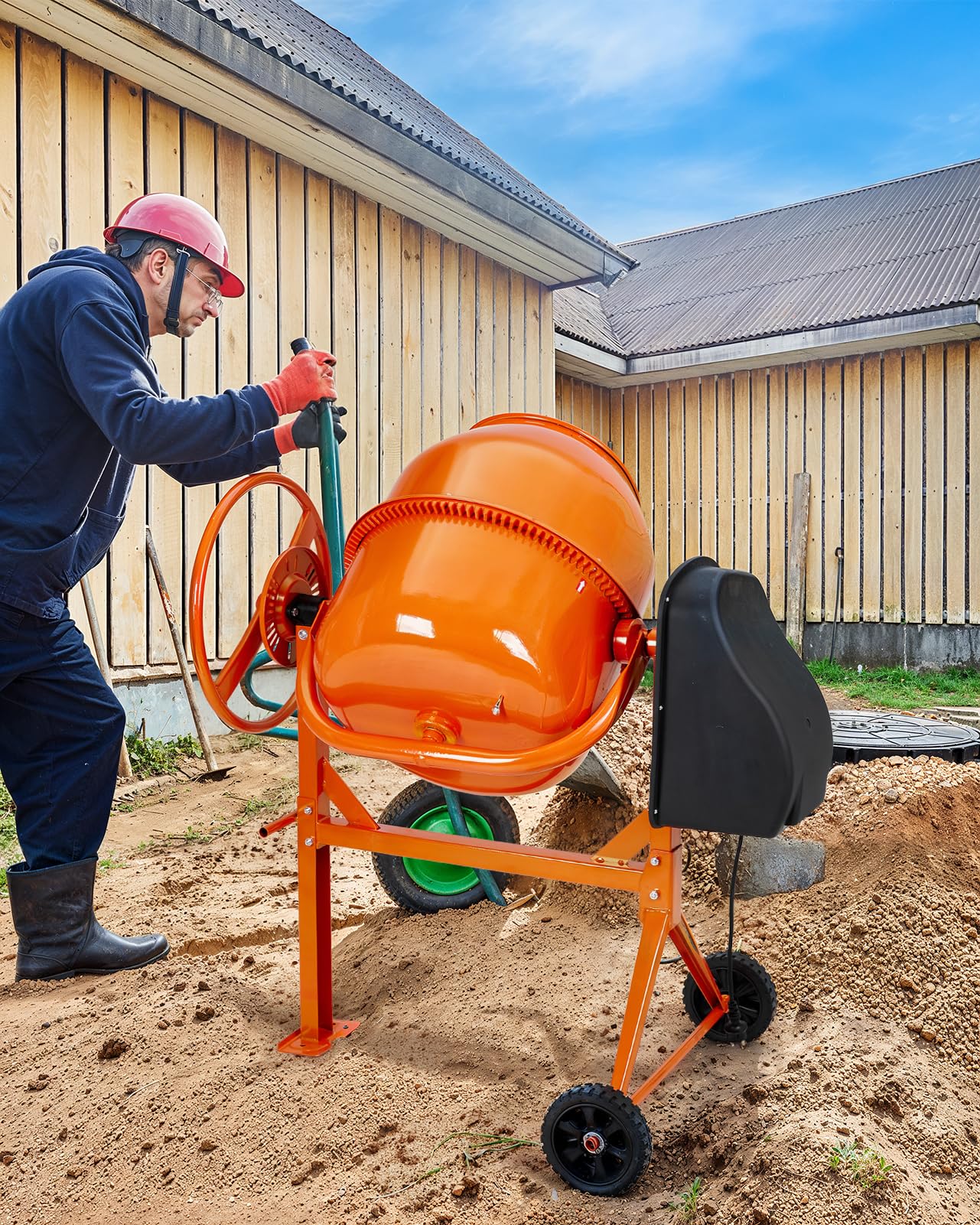 DKIEI 63L Electric Cement Mixer, 220W Concrete Mixer with Wheels and Stand, Portable Mud Mixer Machine for Cement, Stucco, Seeds and Fodder, 230V, 50Hz, 30RPM, Orange