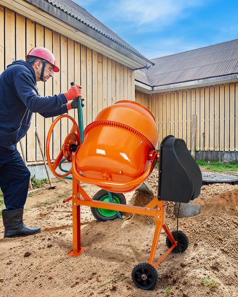 DKIEI 63L Electric Cement Mixer, 220W Concrete Mixer with Wheels and Stand, Portable Mud Mixer Machine for Cement, Stucco, Seeds and Fodder, 230V, 50Hz, 30RPM, Orange