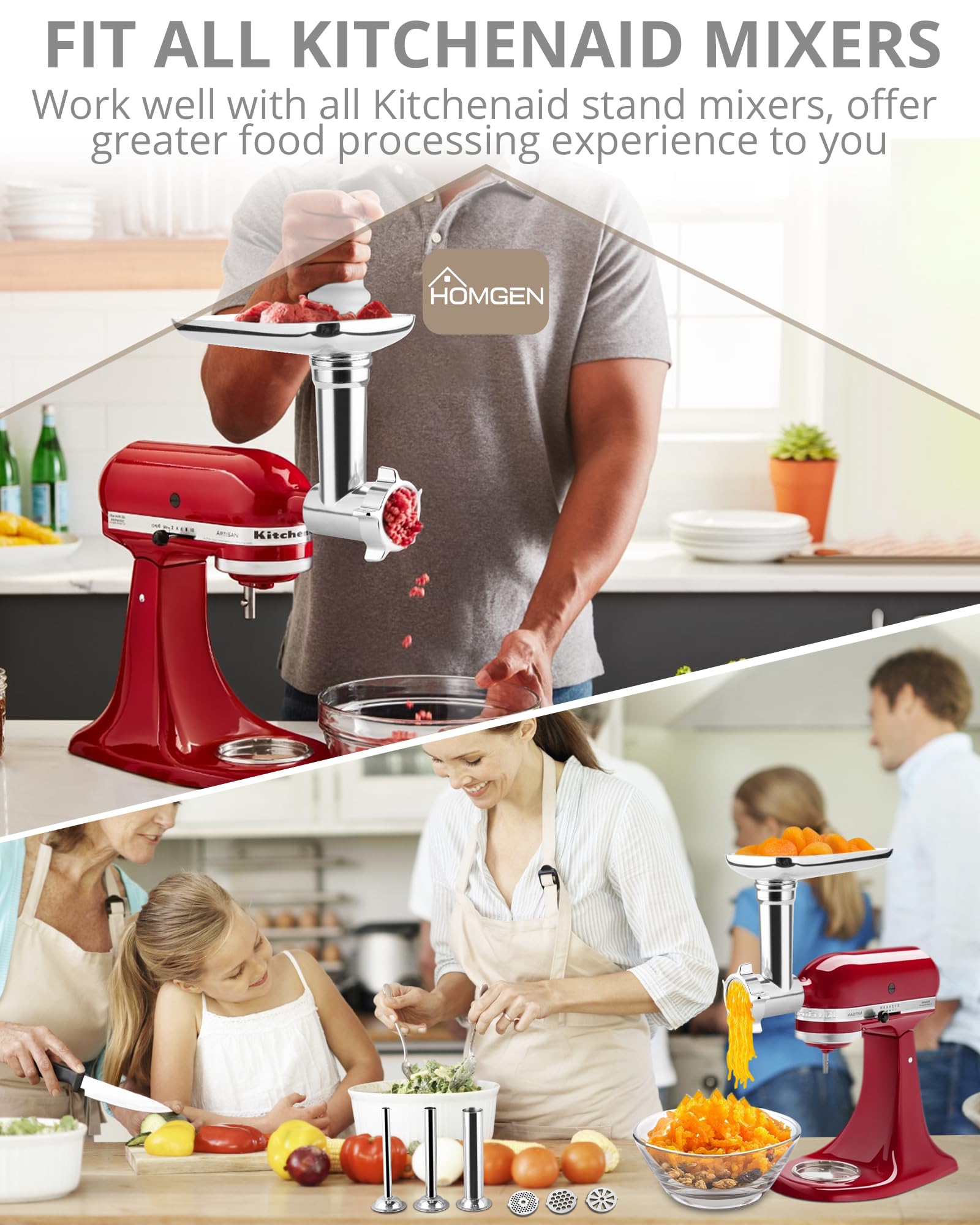HOMGEN Meat Grinder Attachment for All Kitchenaid Stand Mixers - Durable Stainless Steel Food Meat Grinder Attachment Included 3 Sausage Stuffer