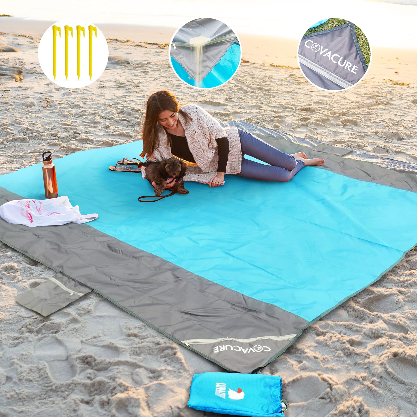 COVACURE Beach Blanket Mat with 3 Zipper Pockets, Extra Large 210 x 200cm Water Resistant Sand Proof Picnic Blanket for Camping, Hiking, Picnic (Orange)