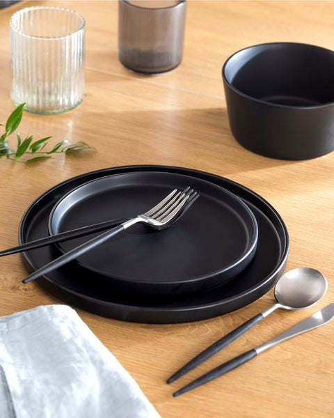24 Piece Black Dinner Sets for 6 People - Cool Urban Style Stoneware Dinner Set for 6 - Dishwasher & Microwave Safe Plates and Bowls Set for 6 - Dinnerware Sets by Pure Living in Matte Black