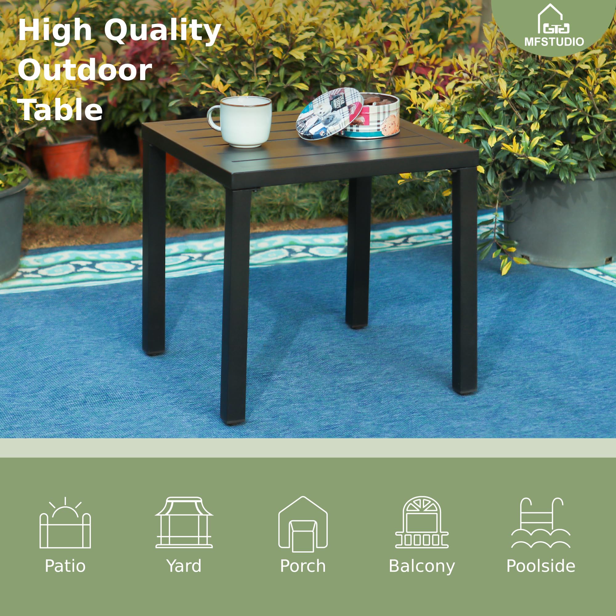 MFSTUDIO Garden Table, Metal Square Coffee Table, Tea Bistro Side Table, Small Outdoor Table, Weather Resistant, Black