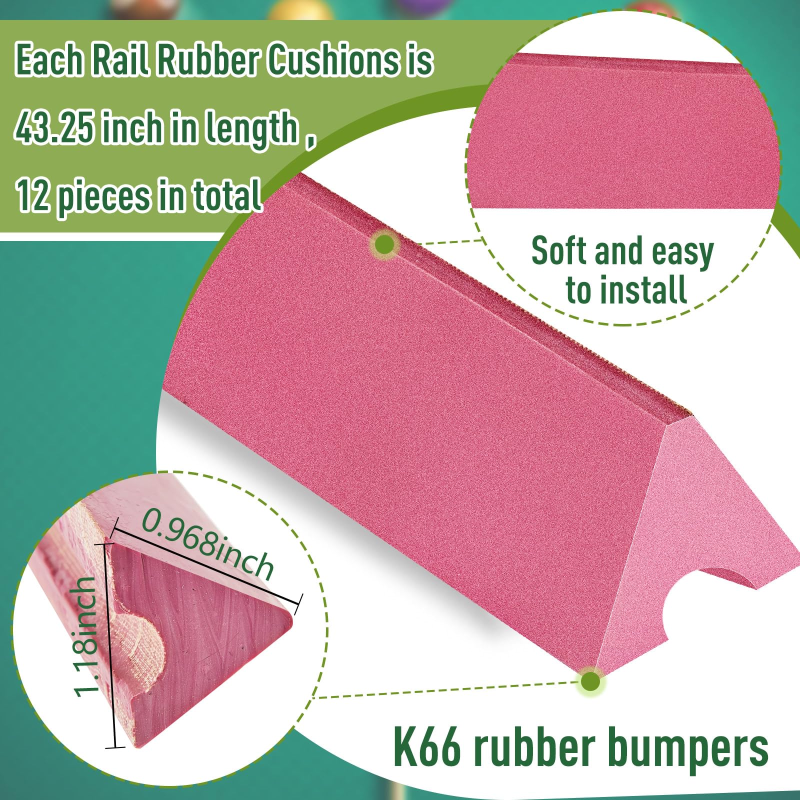 Amylove 6 Pack K66 Rubber Bumpers Pool Table Bumpers Replacement Pool Table Rail Cushions Billiard Rail Rubber Cushions 8 Foot for Billiard Pool Table
