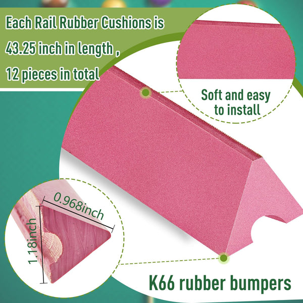 Amylove 6 Pack K66 Rubber Bumpers Pool Table Bumpers Replacement Pool Table Rail Cushions Billiard Rail Rubber Cushions 8 Foot for Billiard Pool Table