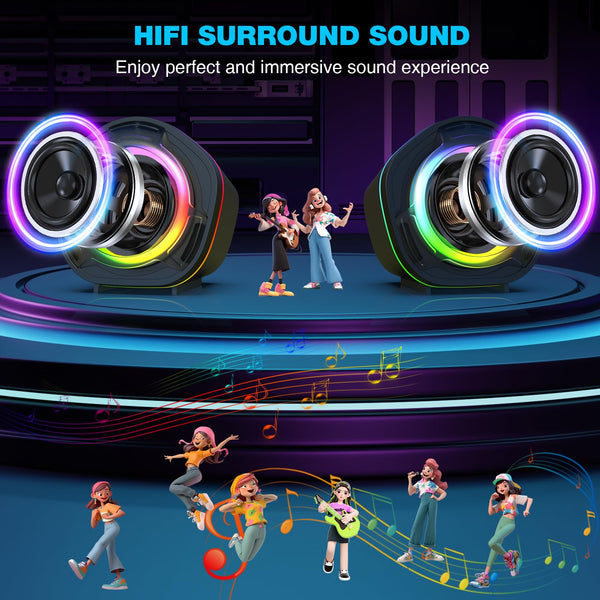 HEANTTV Computer Speaker, PC Speakers for Desktop Monitors, 2.0 Stereo Volume Control with LED Light, USB Powered & 3.5 mm jack, Perfect Multimedia Speakers for Monitors, Computer, Laptop,Smartphones