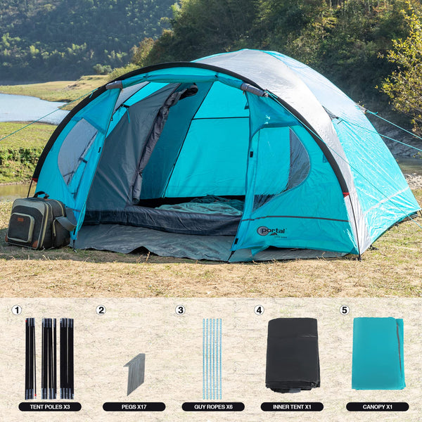 Portal 3-4 Man Tent with Porch, Camping Tent for 3 to 4 Persons with Sewn-in Groundsheet, 4000mm Waterproof Family Tent with Bedroom, Lightweight Dome Tent for Outdoor Garden Backpacking Hiking