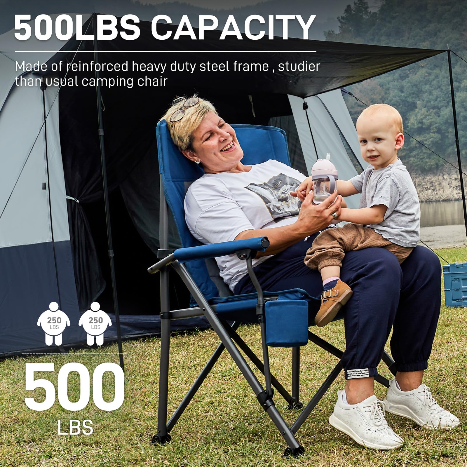EVER ADVANCED Camping Chair for Adults Oversized 230KG, Folding Chair for Heavy People with Side Pocket, Heavy Duty Extra Wide with Hard Armrest Foldable Garden Fishing Outdoor Fold up