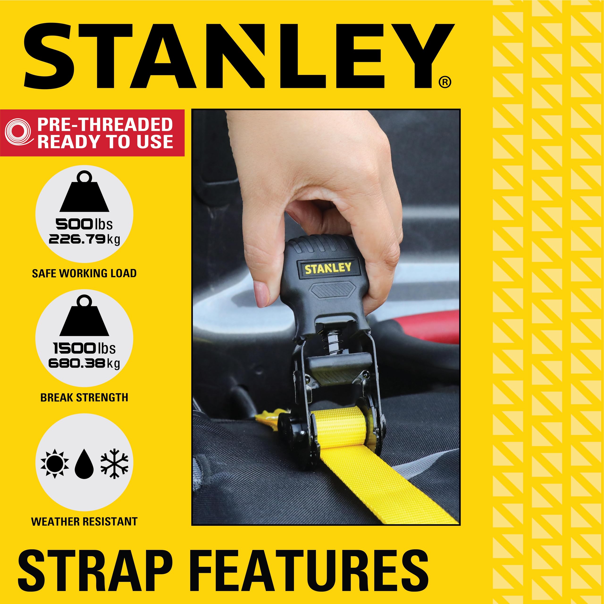 STANLEY S1007 Black/Yellow 1.5" x 16' Ratchet Tie Down Straps - 1,100 lb Safe Working Load / 3,300 lb Break Strength, 2 Pack