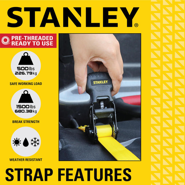 STANLEY S1007 Black/Yellow 1.5" x 16' Ratchet Tie Down Straps - 1,100 lb Safe Working Load / 3,300 lb Break Strength, 2 Pack