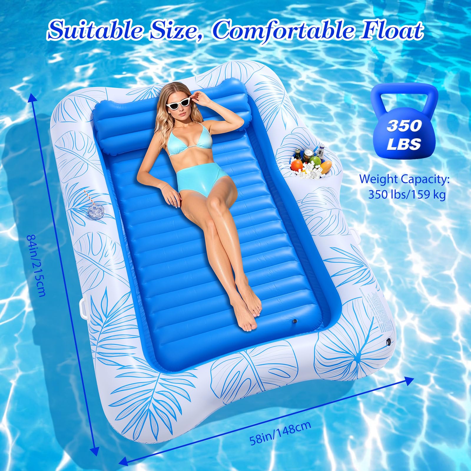 MoKo Pool Floats Adult, Floating Bed with Ice Bar, Tanning Bed Pool Raft Inflatable Lounger with Drink Holder Tanning Chair Inflatable Pool Toys for Party Beach Backyard