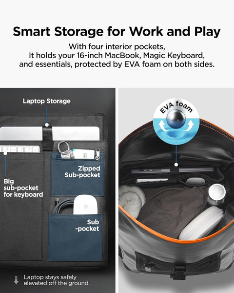 Spigen Waterproof Backpack IPX6 35L Roll Top Travel Rucksack Fits up to 16 Inch Laptop, Multi-Compartment Bag Ventilated Back, Chest Strap Hiking, Camping, Swimming, Canoeing, Fishing – Black