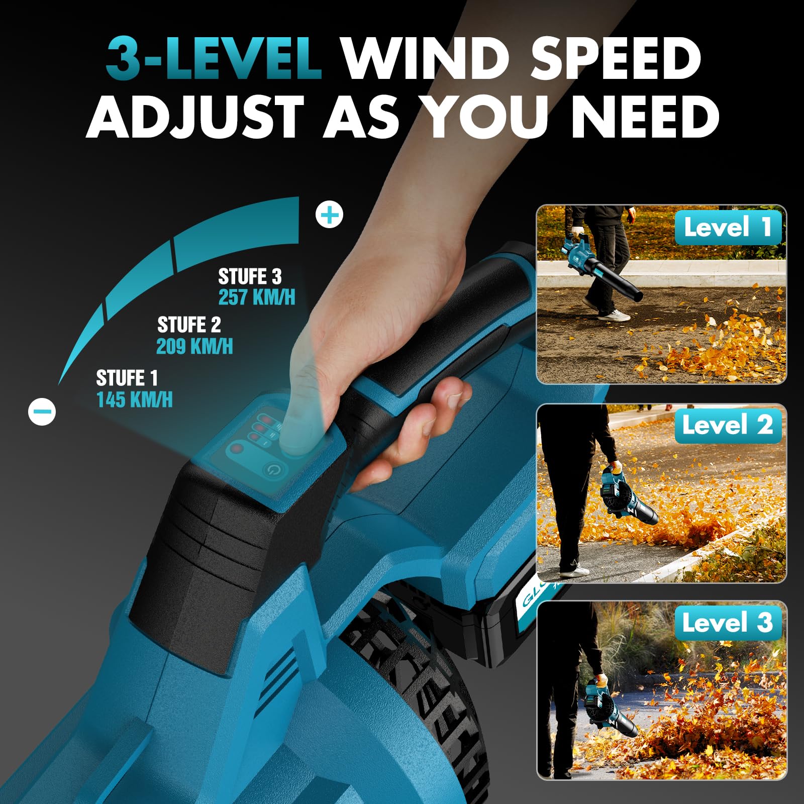 Leaf Blower Cordless, 8000mAh Battery with Fast Charger, Lightweight Electric Garden Blowers with Turbo Boost, 257 km/h & 3 Speed Levels for Lawn Care,Yard,Garage,Leaves,Snow,Dust,and Debris Removal