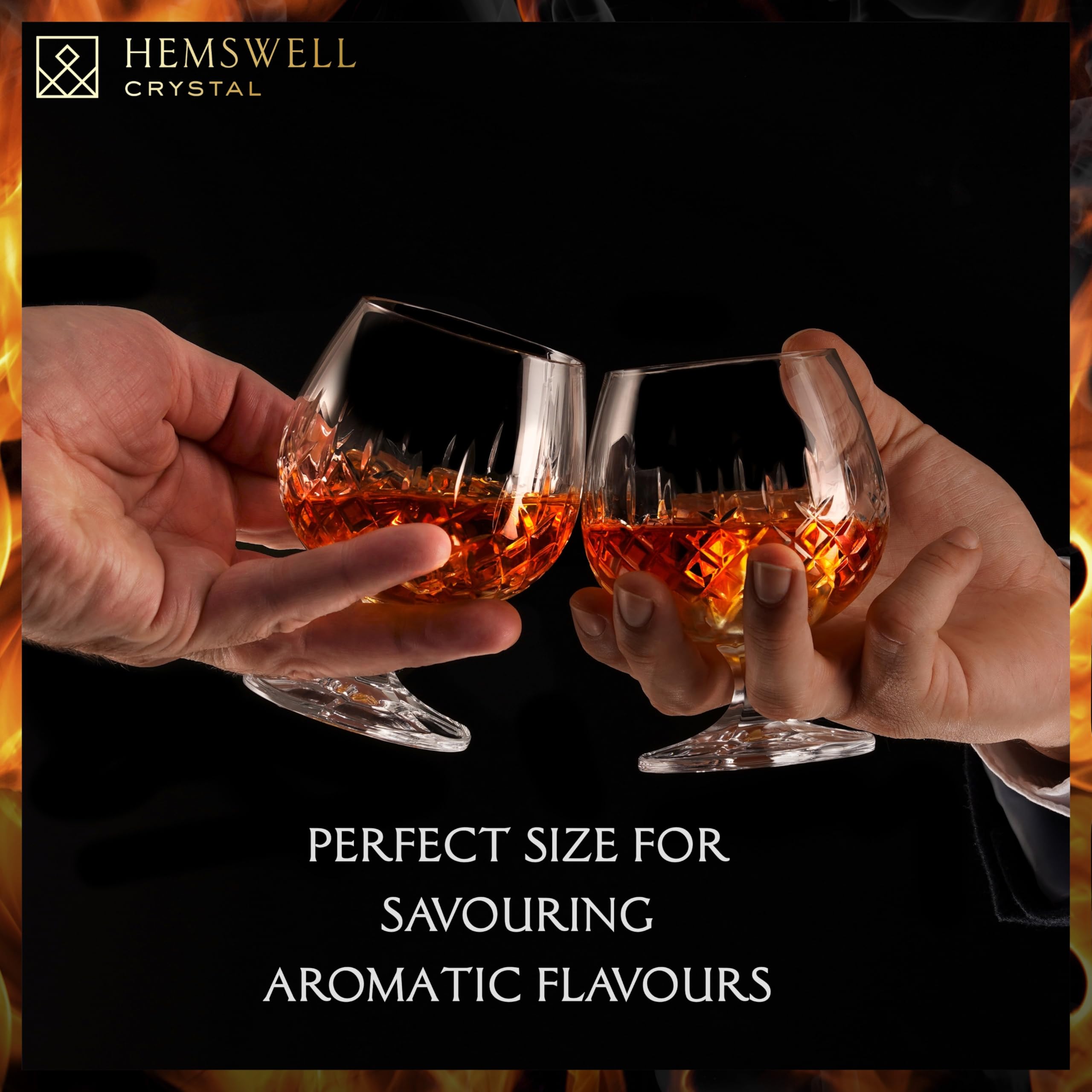 Hemswell Crystal Brandy Glasses Set of 2 - Cut European Crystal Cognac Glasses with Satin Lined Box 250ml - Scotch Port Snifter Goblet - Brandy Gift