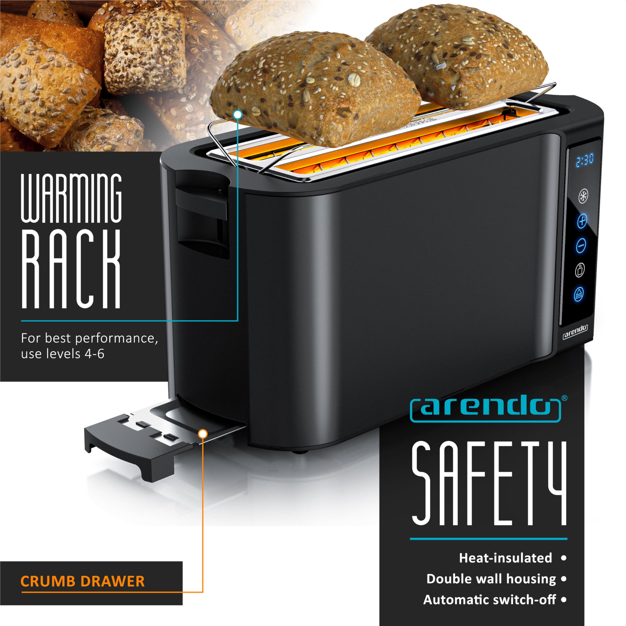 Arendo - 4 Slice Long Slot Toaster - Touch Panel - Remaining Time Display - Double Wall Housing  with Warming Rack  7 Browning Settings  Auto Bread