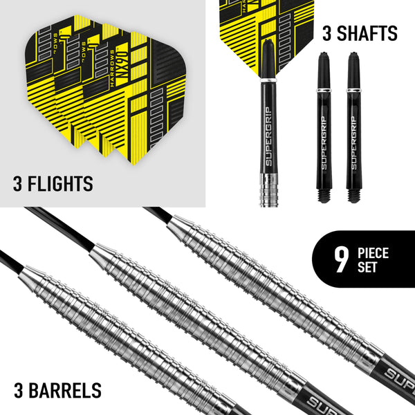 Harrows NX90 90% Tungsten Steel Tip Darts Set 21g, 22g, 23g, 24g, 25g & 26g - Includes Black Supergrip Midi Shafts & Micron NX90 Flights (24g)