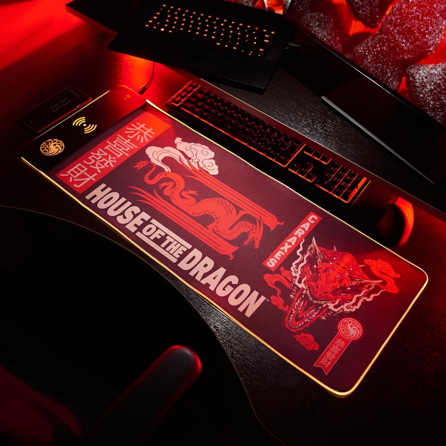 Power Idolz House of the Dragon XL RGB Gaming Mat with 15W Wireless Charger | Customizable LED, Anti-Slip, Spill-Resistant