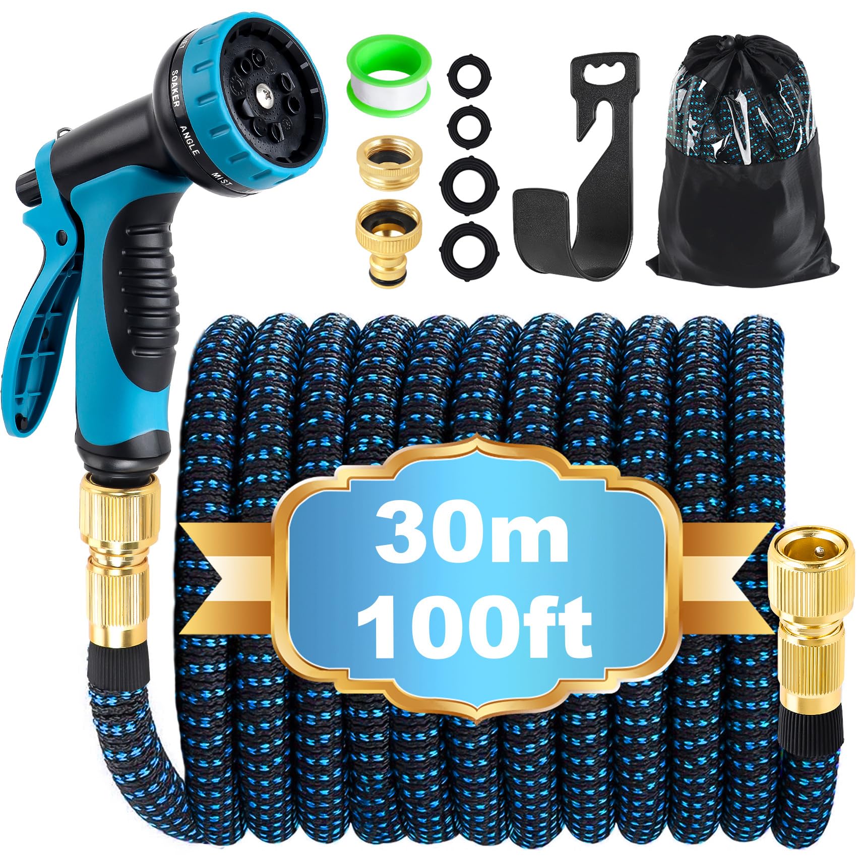 Expandable Garden Hose Pipe 30m 100ft, Hosepipes for Garden Water Hose with 10 Functions Spray Gun, 3/4" 1/2" Connector, Expanding Magic Hose