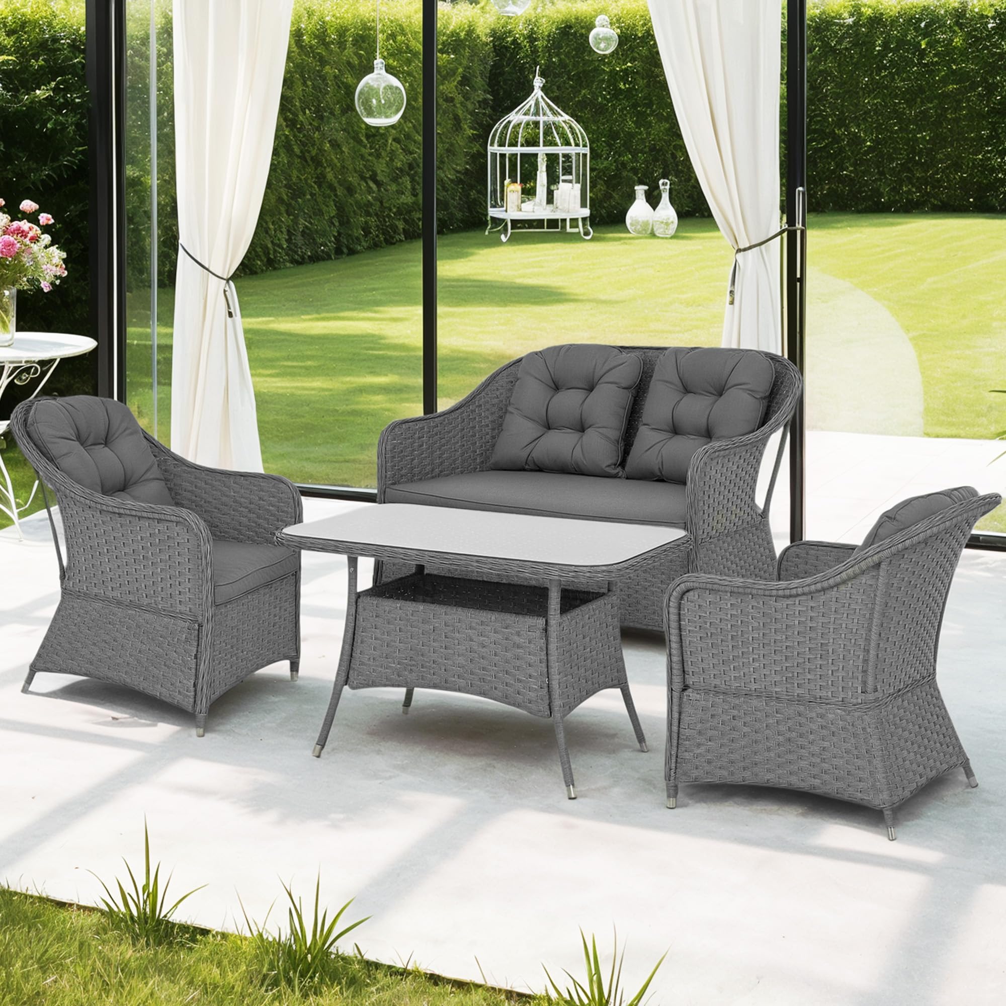 Outsunny 4 Pieces Rattan Garden Furniture Set, Round Wicker Garden Sofa Set with Loveseat, Armchairs and Glass Top Table, Outdoor Conservatory Furniture with Cushions for Patio, Balcony, Light Grey