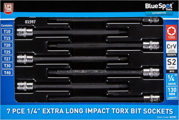 Blue Spot Tools 7 PCE 1/4" Extra Long Impact Torx Bit Sockets (T10-T40)