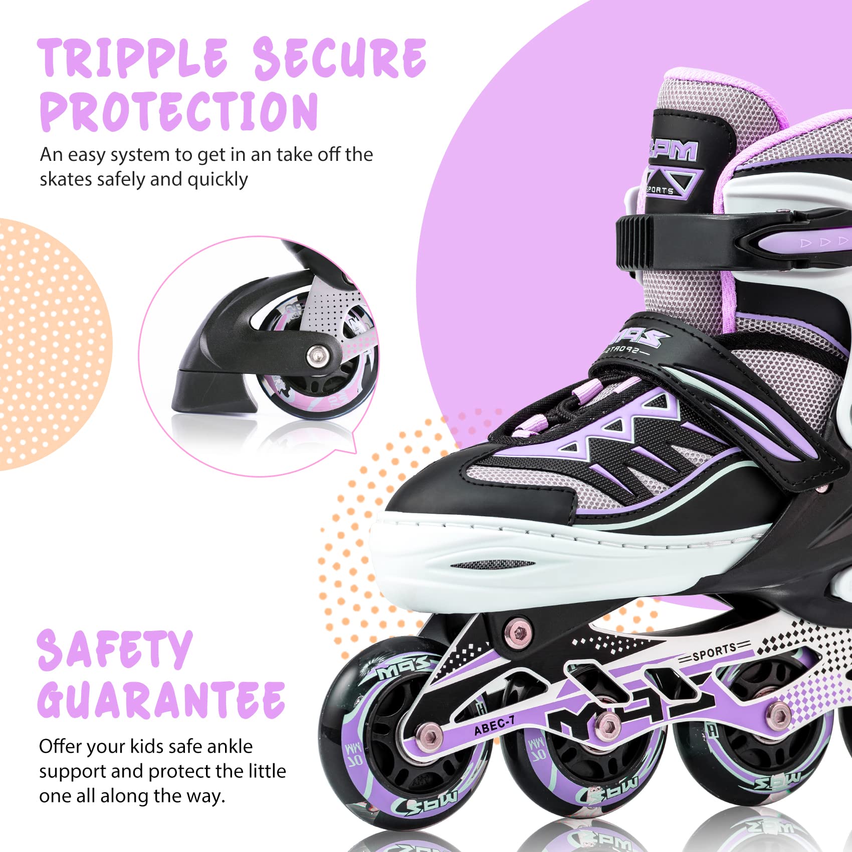 2pm Sports Adjustable Light up Inline Skates, Stylish Design Beginner Roller Skates for Boys and Girls - Purple Medium