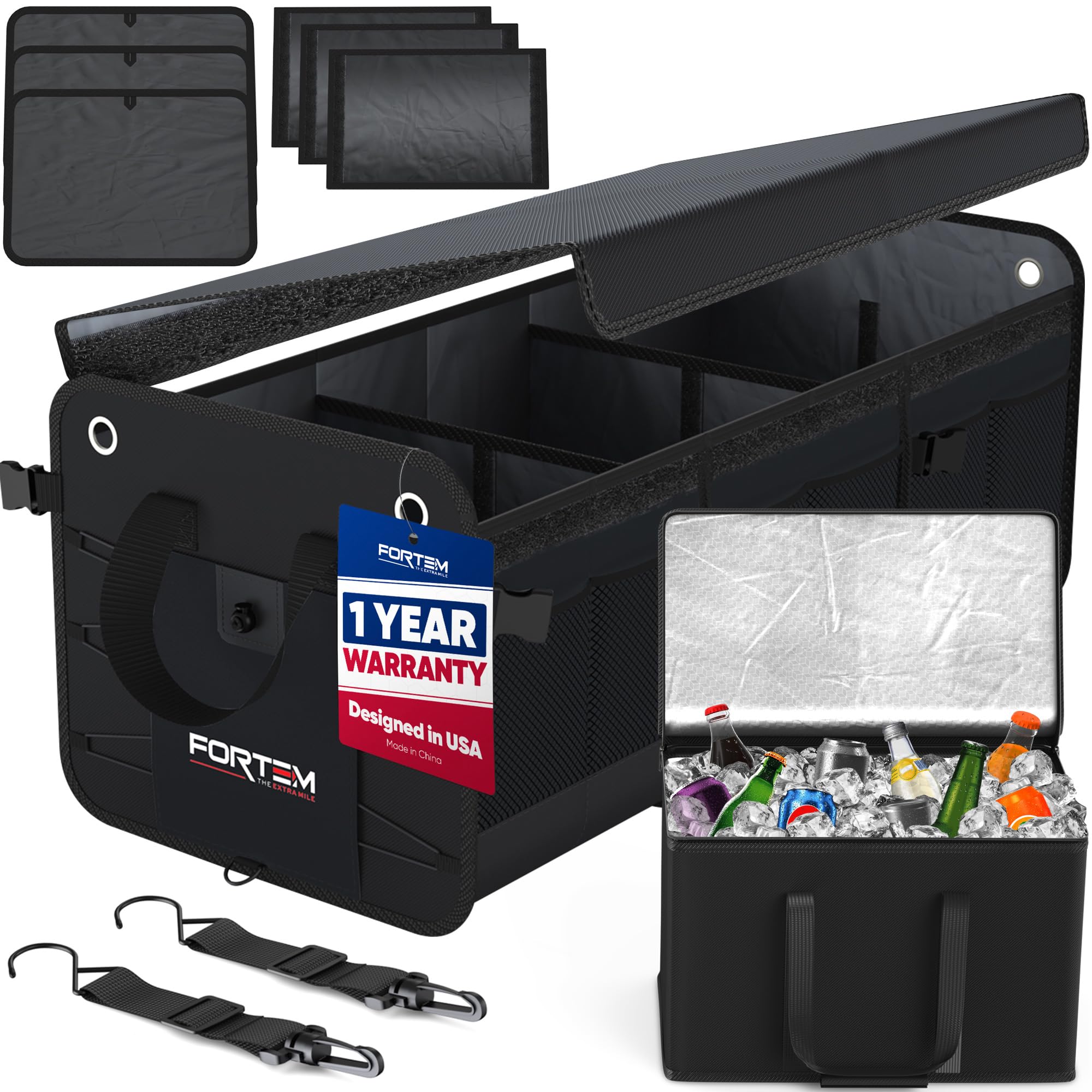 FORTEM Car Boot Organiser, SUV Boot Tidy, Trunk Storage, Collapsible Multi Compartment Car Organiser, Non Slip Bottom, Adjustable Securing Straps, Foldable Cover (65L)