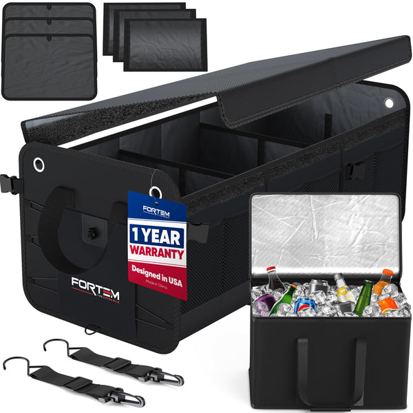 FORTEM Car Boot Organiser, SUV Boot Tidy, Trunk Storage, Collapsible Multi Compartment Car Organiser, Non Slip Bottom, Adjustable Securing Straps, Foldable Cover (65L)