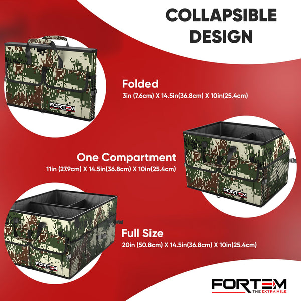 FORTEM Car Boot Organiser, Collapsible Multi Compartment SUV Organizer, Foldable Storage for Car Accessories for Women Men, 600D Oxford, Non Slip Bottom, Securing Straps, Soft Cover (50L)