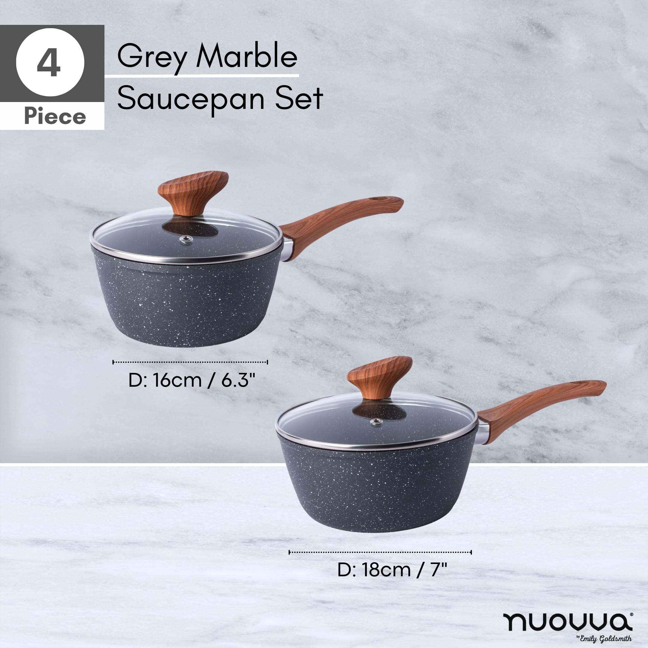 Induction Saucepan Set with Lid  Non Stick Saucepan for Induction  2pcs Marble Sauce Pan  16cm, 18cm Saucepot Set  by Nuovva