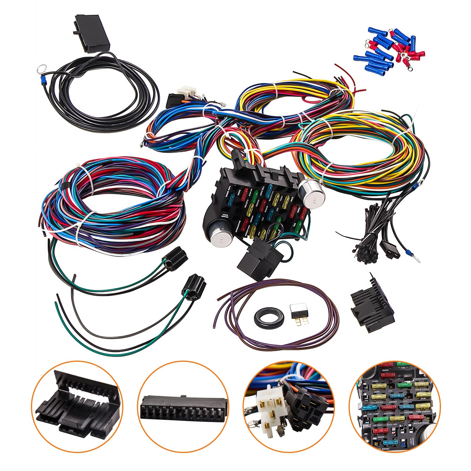 maXpeedingrods Wiring Harness, Universal 21 Circuit 17 Fuses Wiring Kit, Standard Color Long Wire Harness Set for Car Truck RV Motor