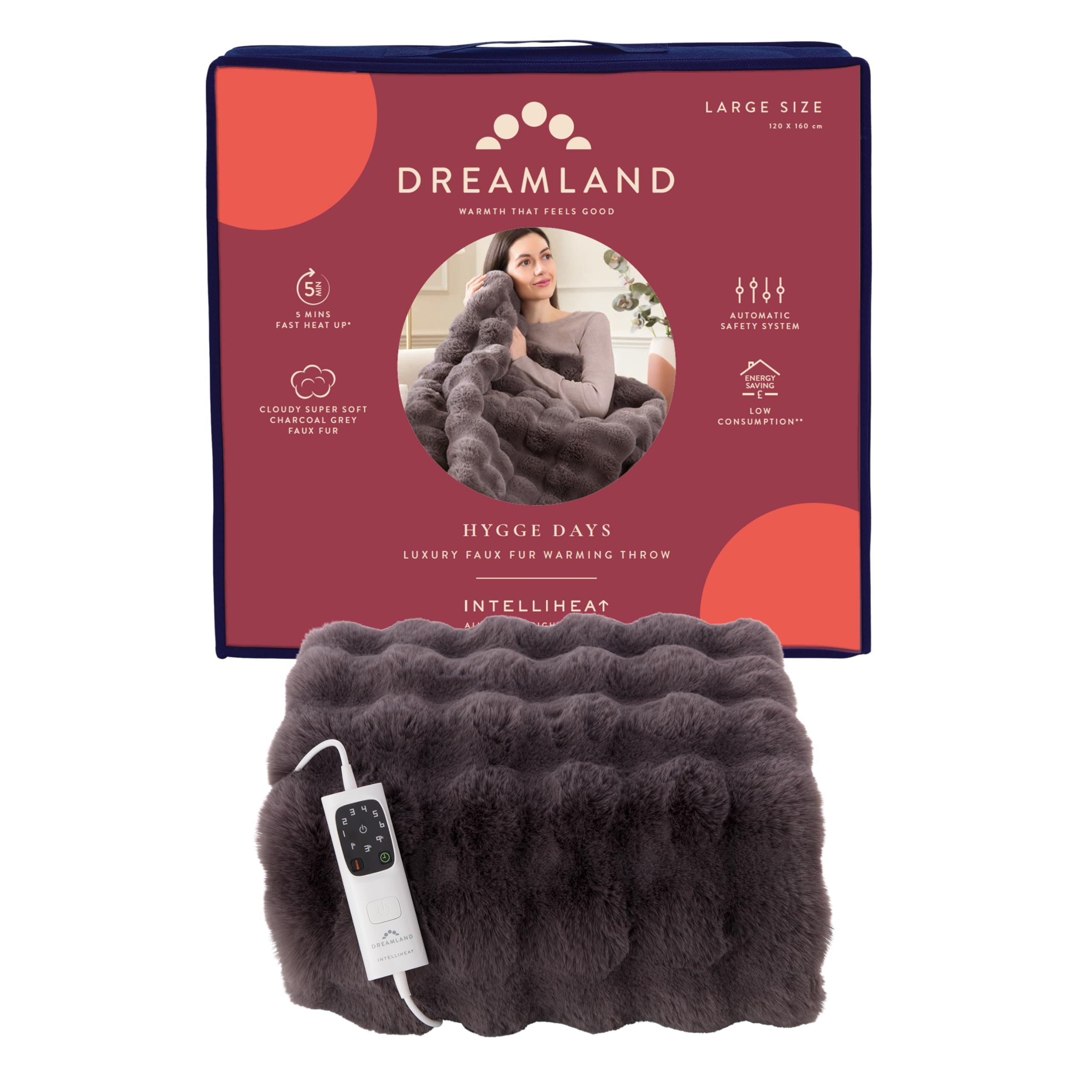 Dreamland Hygge Days Electric Blanket – Heated throw - Zebra, Luxury Faux Fur, 5-minute Fast heat up, 6 temperature settings, 1/3/9-hour auto timer, Electric throw, Machine Washable, 160x120cm
