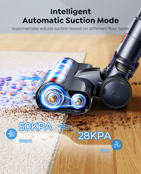 SunSare Cordless Vacuum Cleaner, 50KPa/600W, 65 Mins with Touchscreen, AUTO Mode, 1M Hose, Anti-Tangle, Self-standing, Wall-mounted Charging Vacuum Cleaner for Hardwood Floor Carpet Car Pet Hair