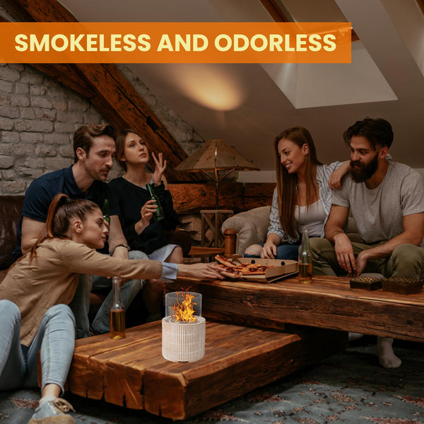 VOSSMOON Tabletop Fire Pit, Bioethanol Table Top Fire Bowl, Portable Round Fireplace indoor or Outdoor, Concrete Table Top Patio Heater Ethanol Burner with Tempered Glass for Potluck or Camping, Black