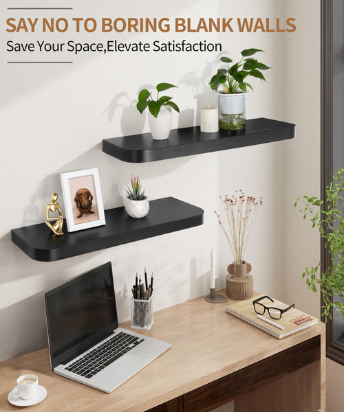 Gronda Black Floating Shelves for Wall, Set of 2 Modern Midcentury Wall Mounted Shelf Curved Edge Design with Large Decor Storage Display Shelf for