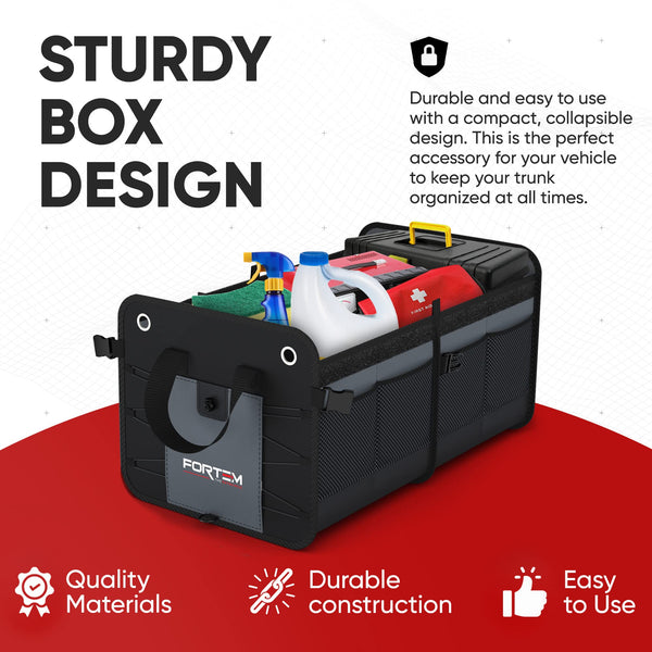 FORTEM Car Boot Organiser, SUV Boot Tidy, Trunk Storage, Collapsible Multi Compartment Car Organiser, Non Slip Bottom, Adjustable Securing Straps, Foldable Cover (65L)