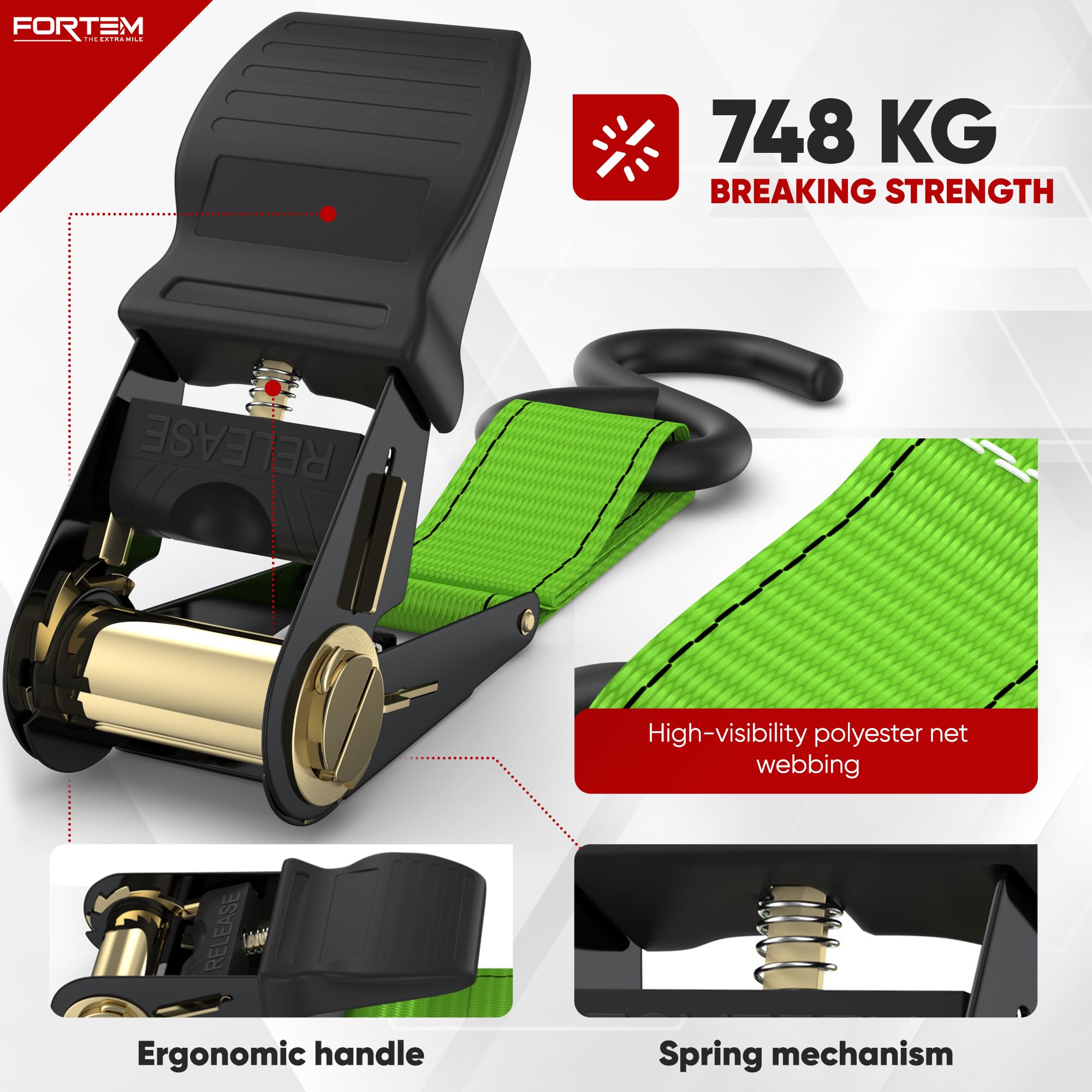 FORTEM Ratchet Straps, 748kg Break Strength, 4 Pack 4.6m x 2.54cm Tie Down Strap Set, 4 Soft Loops, Motorcycle Straps Tie Downs, Cargo Cam Buckles, Rubber Handles, Carry Bag
