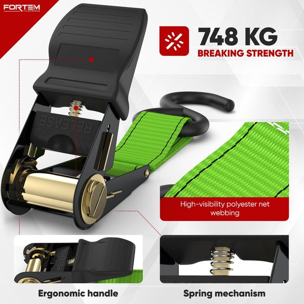 FORTEM Ratchet Straps, 748kg Break Strength, 4 Pack 4.6m x 2.54cm Tie Down Strap Set, 4 Soft Loops, Motorcycle Straps Tie Downs, Cargo Cam Buckles, Rubber Handles, Carry Bag