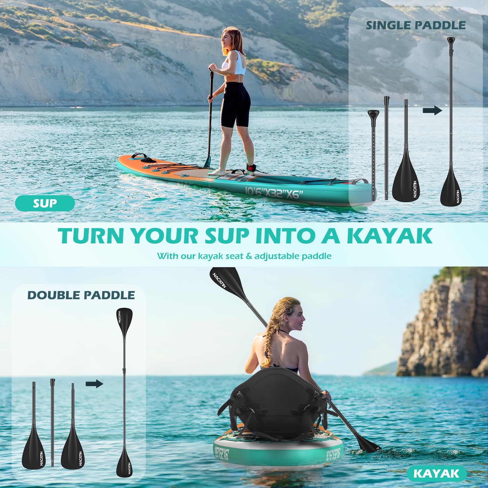 Paddle Boards for Adults, NACATIN Inflatable Stand Up Paddle Board with 10'6" SUP Paddleboard, Adjustable Paddle, Pump, Backpack, Dry Bag, Ideal for All Skill Levels (Optional Kayak Seat Available)