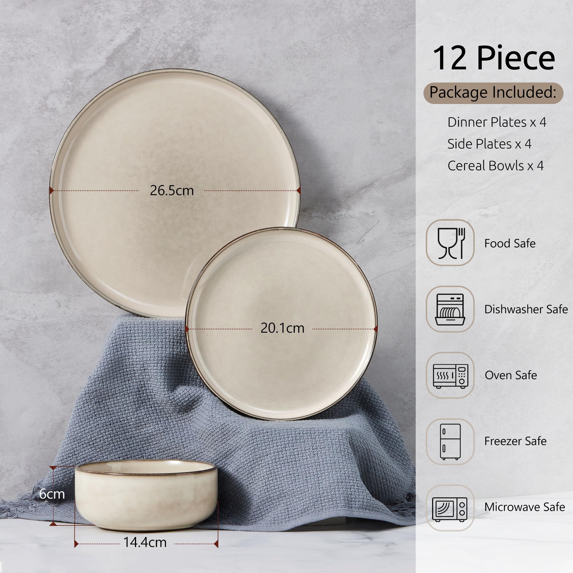 Homikit 12 Piece Dinner Set, Reactive Glaze Kitchen Dinnerware Sets for 4, Elegant Stoneware Included Plates and Bowls, Non-Scratch & Sturdy,