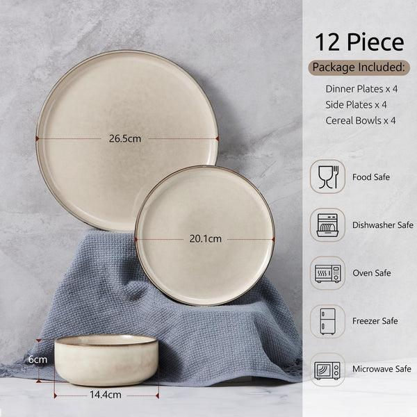 Homikit 12 Piece Dinner Set, Reactive Glaze Kitchen Dinnerware Sets for 4, Elegant Stoneware Included Plates and Bowls, Non-Scratch & Sturdy,