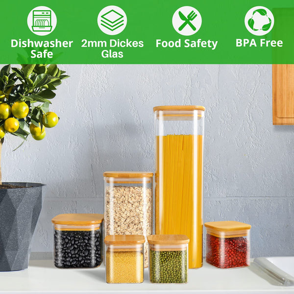 Finew Storage Jars with Lids, Set of 10 Airtight Glass Jars 2100ml 1500ml 750ml 350ml, Square Storage Jars & Canisters, Spice Jars for Pasta Flour
