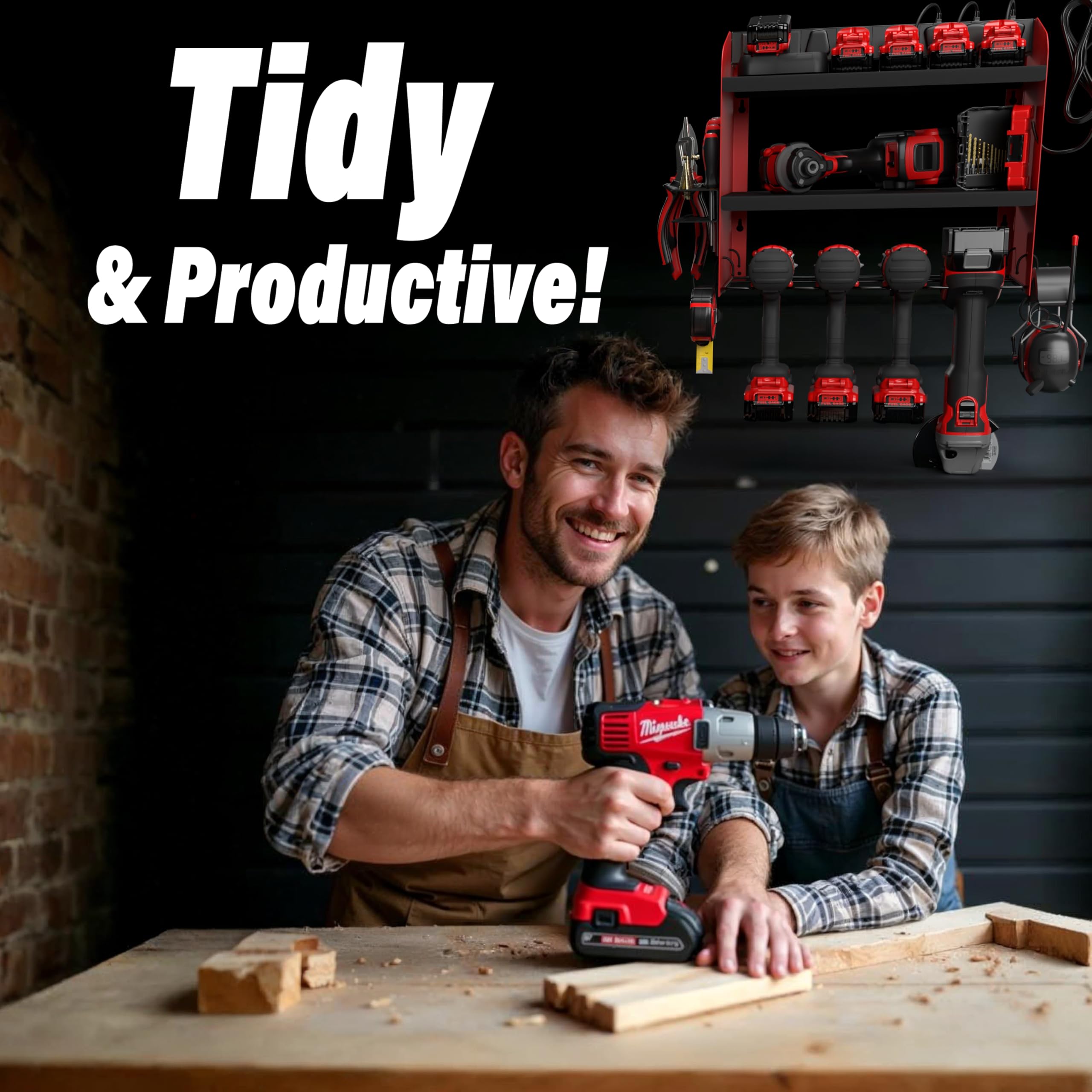 Toolganize Power Tool Organiser, Storage Rack with Power Strip Charging Station, Heavy-Duty for Workshop & Garage Tools - 4 Slot, Milwaukee Red.