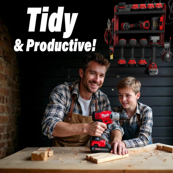 Toolganize Power Tool Organiser, Storage Rack with Power Strip Charging Station, Heavy-Duty for Workshop & Garage Tools - 4 Slot, Milwaukee Red.